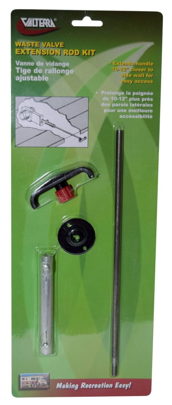 The image shows the Valterra Waste Valve Extension Rod Kit packaging. Visible through the clear plastic are a metal rod, an extension tube, a handle, a locking tab, and a coupler, with a green and white color scheme.