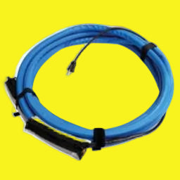 Blue heated water hose with black connectors on a yellow background