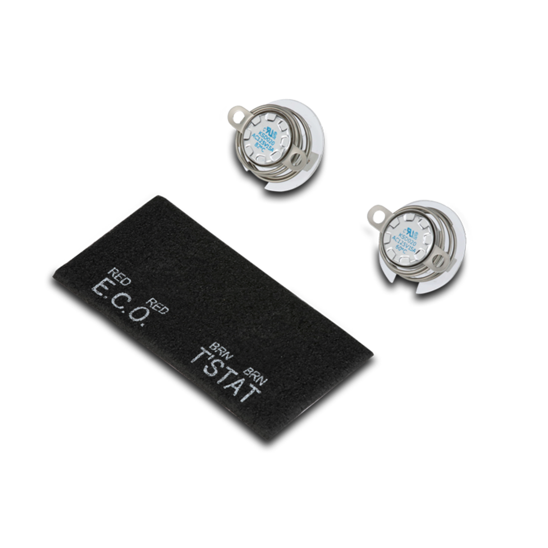 Two round silver water heater thermostats with black detailing and a black rectangular label with 'RED' and 'ECO' text, indicating temperature settings.