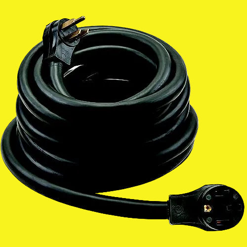 Black electrical extension cord with plug on a white background