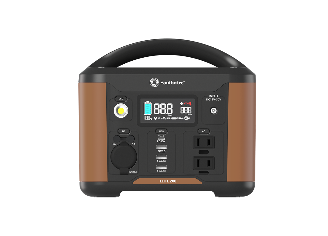 A portable power station with a digital display, various ports and buttons, and a carrying handle.