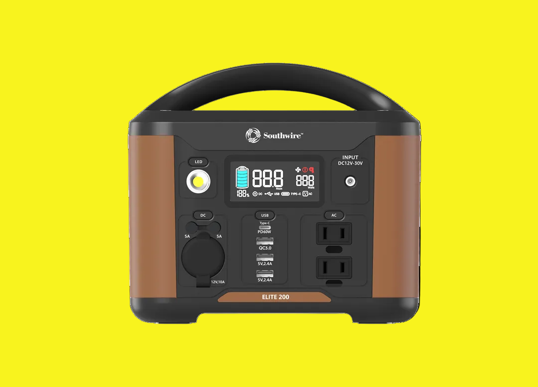 A portable power station with a digital display, various ports and buttons, and a carrying handle.