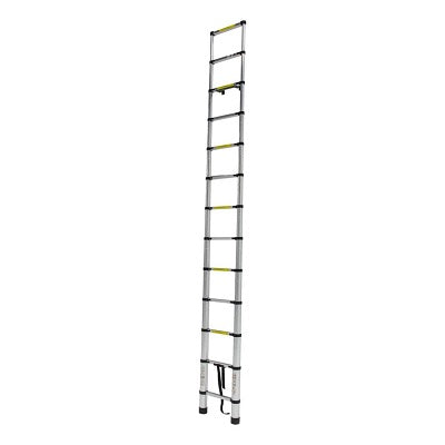 A silver, telescoping ladder designed for RVs with a 12' 6" extension and a sturdy 330 lb. weight capacity.