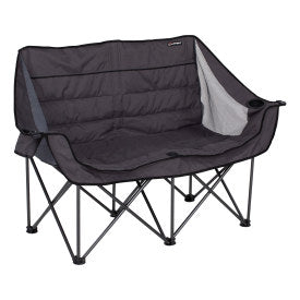 Dark gray loveseat with dual cupholders, a stemmed wine glass holder, versatile, back mesh storage pocket, mesh siding and high-loft padding