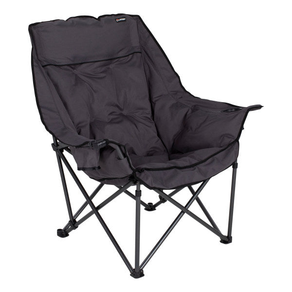A dark gray camp chair with mesh fabrication, high-loft padding, a stemmed wine glass holder, dual cupholders, and an expandable carry bag.