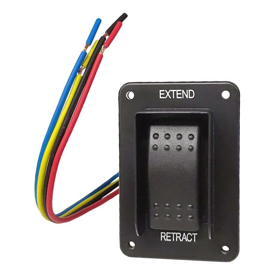 A black leveling jack switch with harness. The switch has 'EXTEND' and 'RETURN' labeled terminals, and it is mounted on a black rectangular base plate.