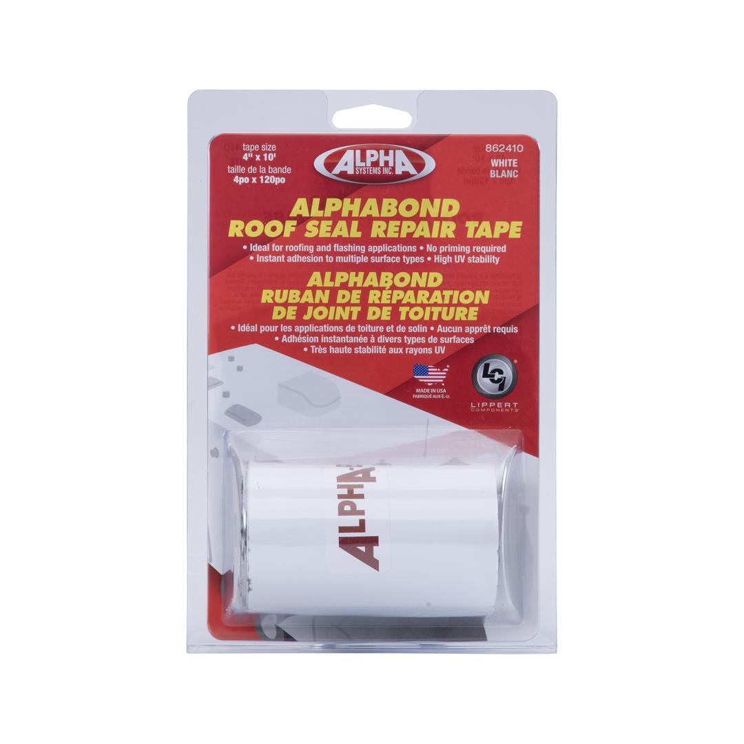 Alphabond Roof Seal Repair Tape packaging, featuring a roll of white tape with the Alphabond branding visible through the clear plastic blister packaging.