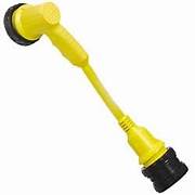 A yellow right angle RV cordset adapter with a black threaded locking collar and handle.
