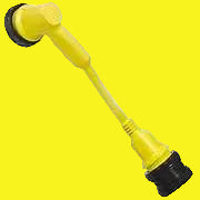 A yellow right angle RV cordset adapter with a black threaded locking collar and handle.