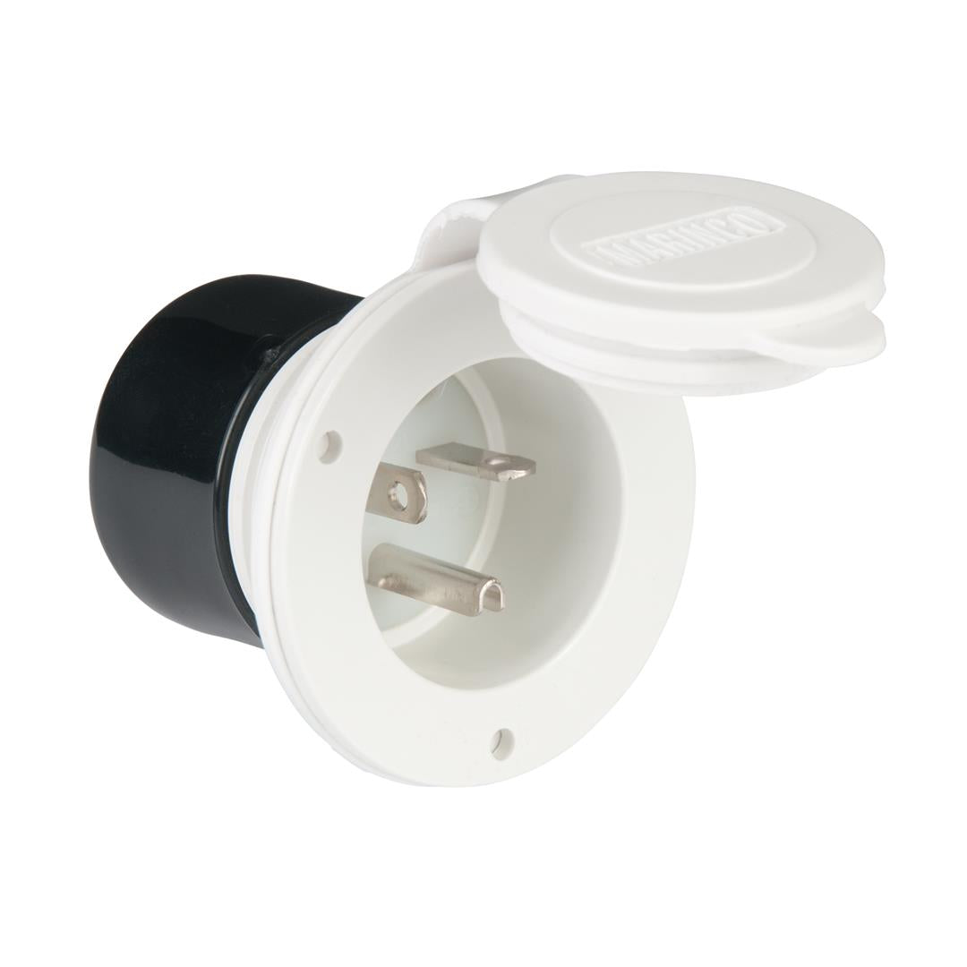 A single white power inlet with a black rear enclosure and a sealing cap.