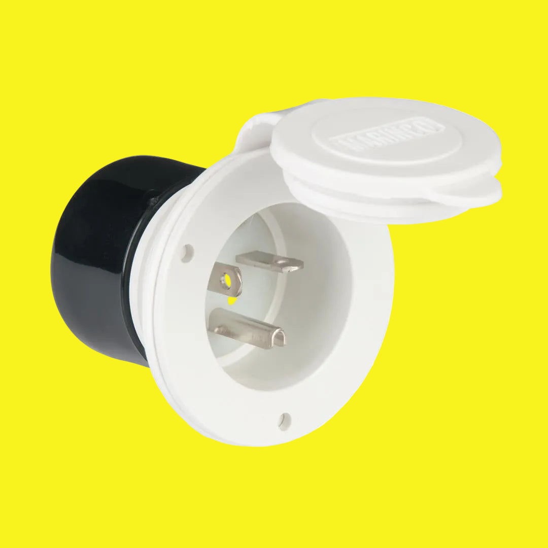 A single white power inlet with a black rear enclosure and a sealing cap.