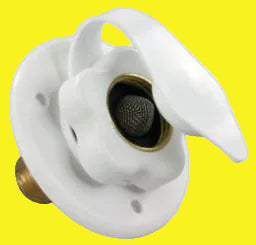 A white city water fill flange made of brass with a male pipe thread (MPT) and a gold-colored valve depth.