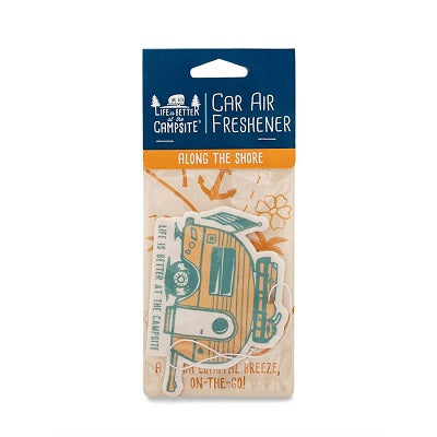 Camper shaped hanging air freshener. White and teal color