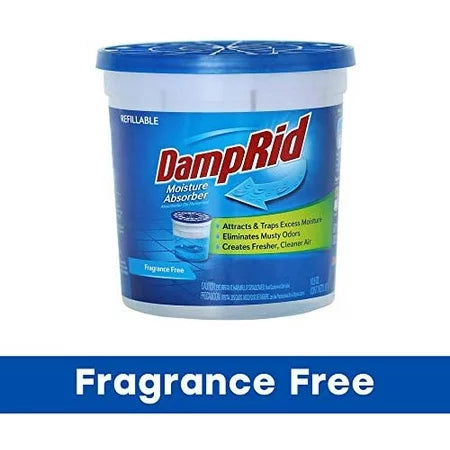 A refillable DampRid moisture absorber container with a blue lid and label that indicates the product is fragrance-free.