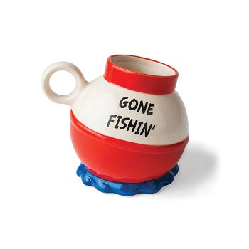 A ceramic coffee mug with a red and white color scheme, featuring the text 'GONE FISHIN'.