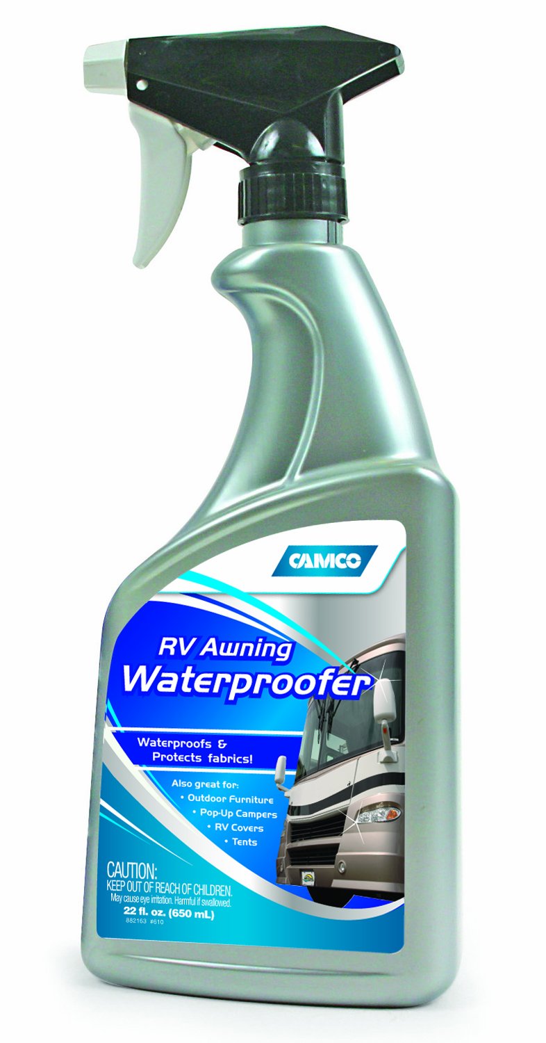 A spray bottle labeled 'RV Awning Waterproofer' by CAMCO, indicating it is used for waterproofing purposes.