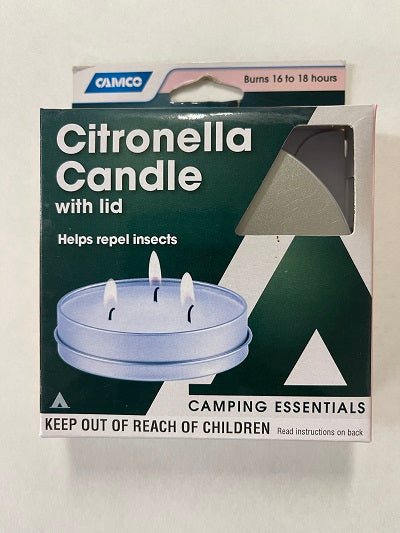 A packaged citronella candle with a lid, marketed for use as an insect repellent in camping settings. The packaging is primarily green and white with text and a picture of the candle.