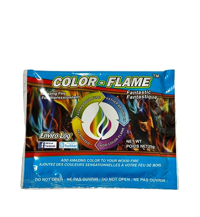 A pack of Color-Flame fire starter designed to add color to wood fires, with a blue and multicolor flame graphic on the packaging.