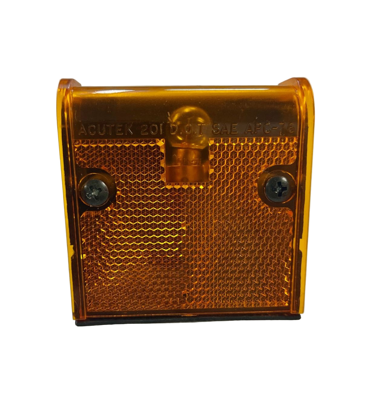 An orange amber clearance light for vehicles, with visible mounting screws, placed against a white background.
