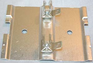Metal refrigerator lamp bracket with two mounting holes and two screws.