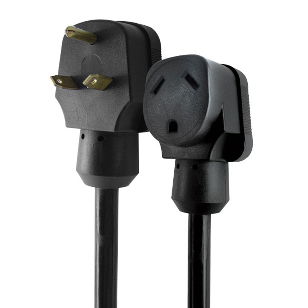 A 30amp RV extension cord with a black handle and plug
