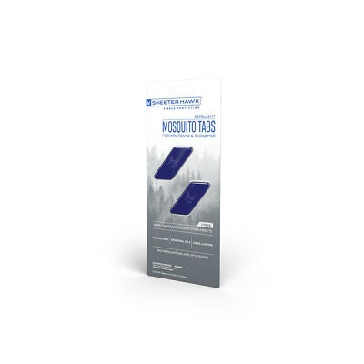 Packaging for Skeeter Hawk Mosquito Tabs, featuring two blue mosquito repellent tabs for wristband and carabiner.