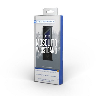 A packaged mosquito repellent wristband with the brand name Skeeter Hawk on the packaging, marketed as all-natural and with a hook and loop closure.