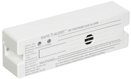 A white propane gas alarm with surface mounting type, featuring a reset button and a warning label.