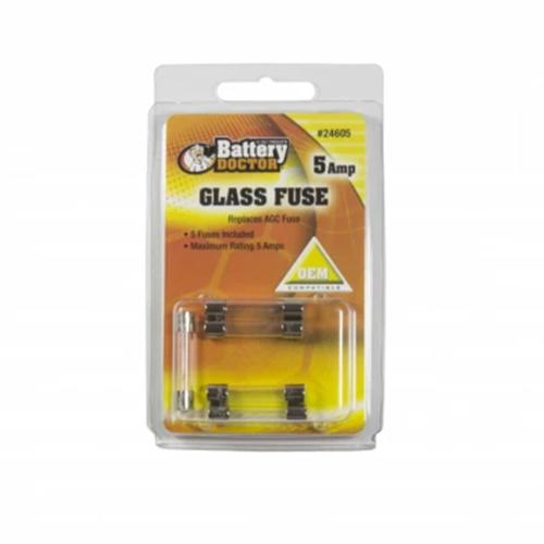 A pack of 5 AGC brand glass fuses in a clear plastic packaging with yellow and orange label featuring the product details.
