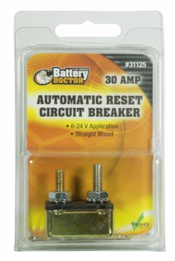 A 30 amp automatic reset circuit breaker by Battery Doctor, in a straight mount configuration, packaged in a clear plastic blister on a card with orange and yellow color theme.