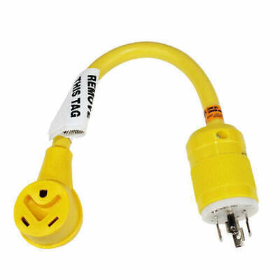A yellow 30amp generator adapter with a pigtail type connector and a locking mechanism.