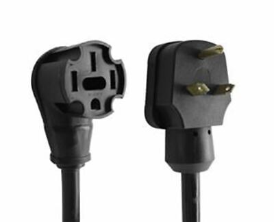 A black right angle adapter with a 30amp male connector on one end and a 50amp female connector on the other end.