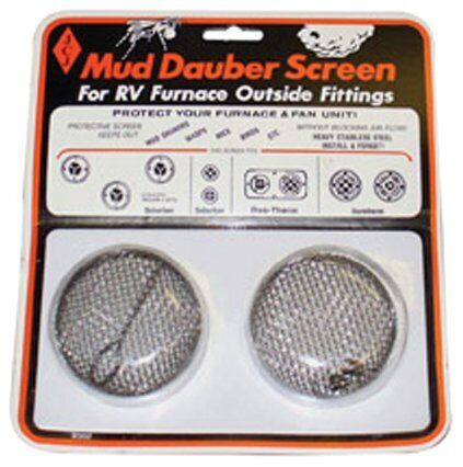 Packaging for Mud Dauber Screen designed for RV furnace outside fittings, showing two stainless steel insect screens with accompanying tension springs and an installation tool.