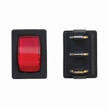 Front and back of mini lighted on/off switch with a black and red color scheme, designed for use with appliances such as monitor panels and water pumps.