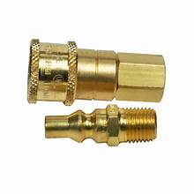 A gold-colored metal propane/natural gas quick connect and full flow plug with a 1/4" MPT Nipple x 1/4" FPT Coupler.