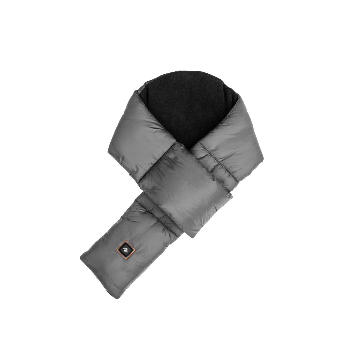 A rechargeable heated scarf in gray with a black collar, featuring a fleece lining and a nylon shell.