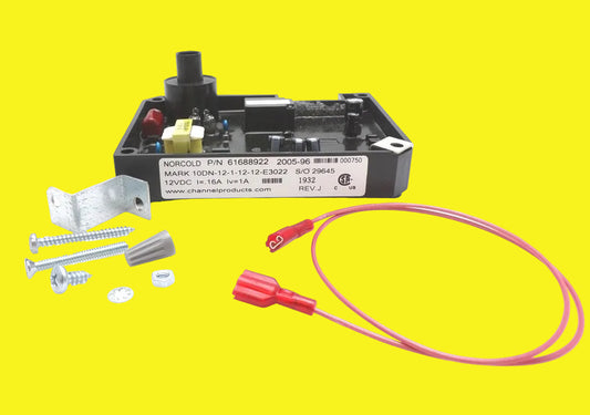 Electrical component with red wires and screws on a white background