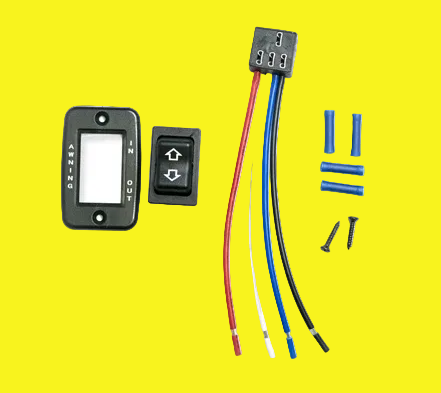Electrical components including switches and wires on a yellow background