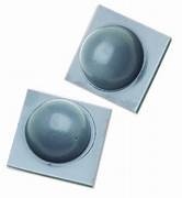 Two round, gray rubber bumpers designed for use with awnings, set against a white background.