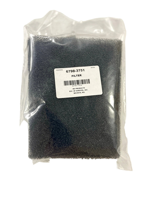 Air conditioner filter in packaging, predominantly black in color with a label showing part number 6798-3751.