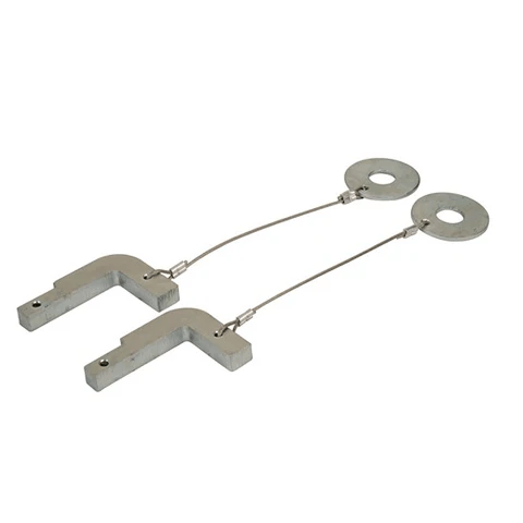 Two silver metal bracket assemblies with thin wire extensions and circular end plates, shown on a plain white background.