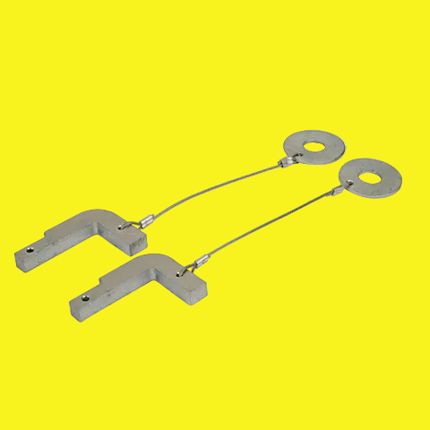 Two silver metal bracket assemblies with thin wire extensions and circular end plates, shown on a plain white background.