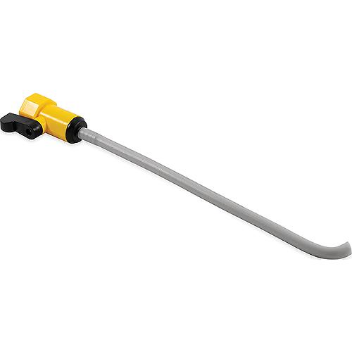 Gray tool for rinsing water heater. Yellow handle with black shut-off.