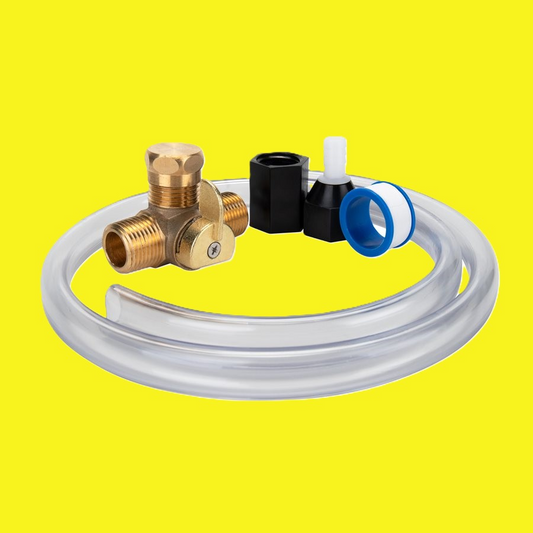 A clear hose , brass valve, black fittings, and pipe tape.