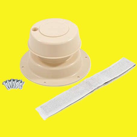 A beige colored plastic plumbing vent cap with hardware on a yellow background.