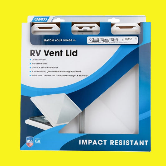 A white roof vent cover in a blue and white box on a yellow background.