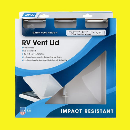 Camco RV Vent Lid in its retail packaging, shown against a solid bright yellow background. The packaging is blue and white with a clear window displaying the white impact-resistant vent lid inside.