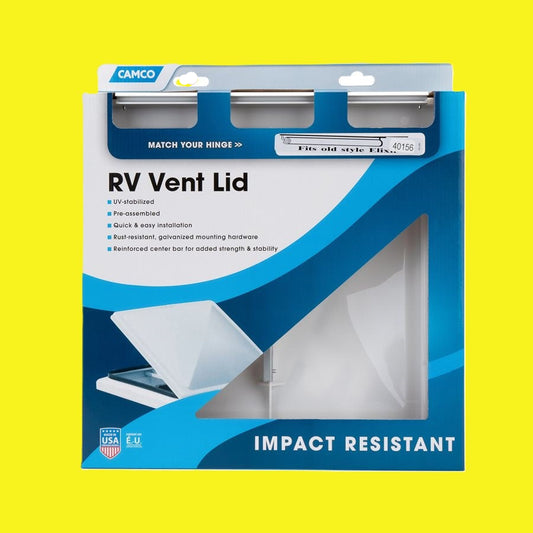 A white RV vent lid in a blue and white box on a yellow background.