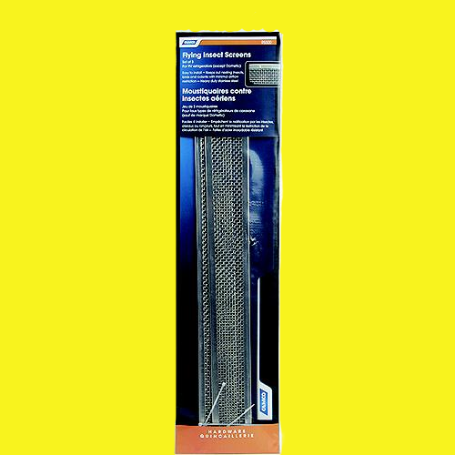 A set of three stainless steel insect screens in blue packaging.