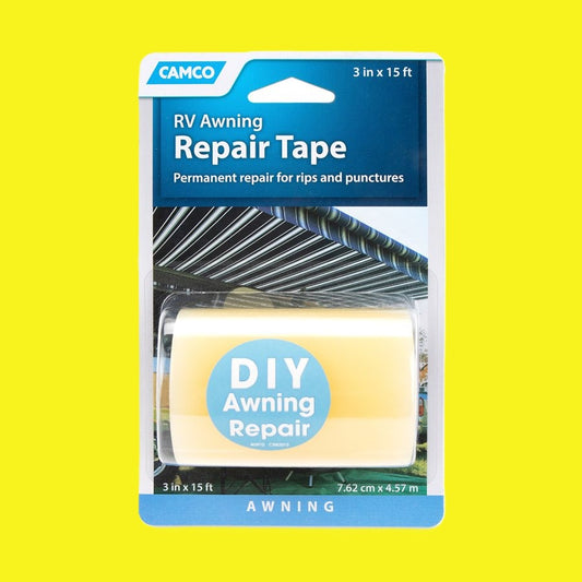 Camco RV Awning Repair Tape in its retail packaging, featuring a light beige roll of tape with a blue circular 'DIY Awning Repair' label, set against a solid bright yellow background.